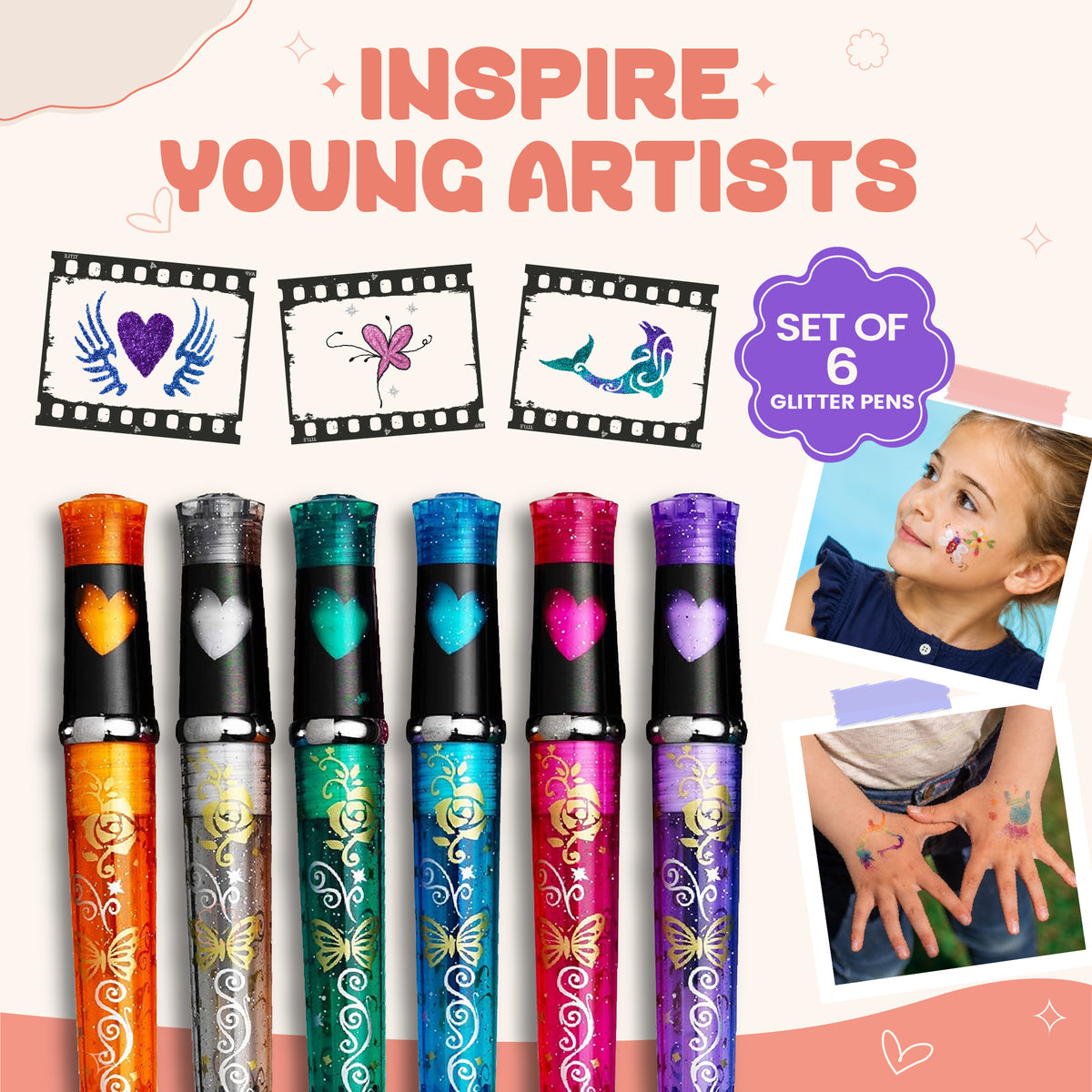 Funduro Children's Tattoo Pens with Glitter, 6 Colours and 6 Stencils, Set