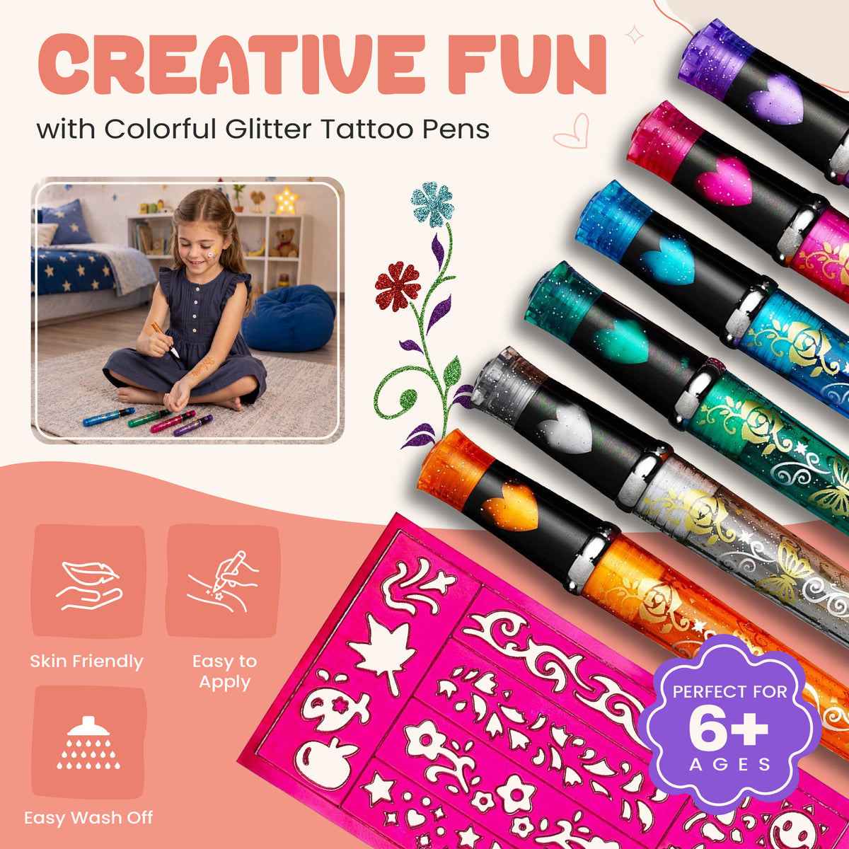 Funduro Children's Tattoo Pens with Glitter, 6 Colours and 6 Stencils, Set