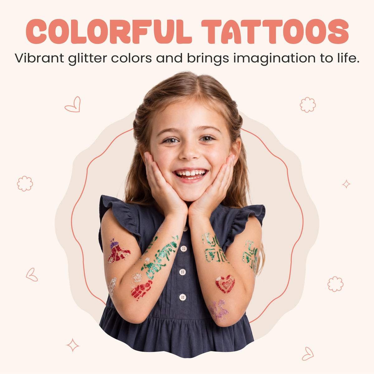 Funduro Children's Tattoo Pens with Glitter, 6 Colours and 6 Stencils, Set