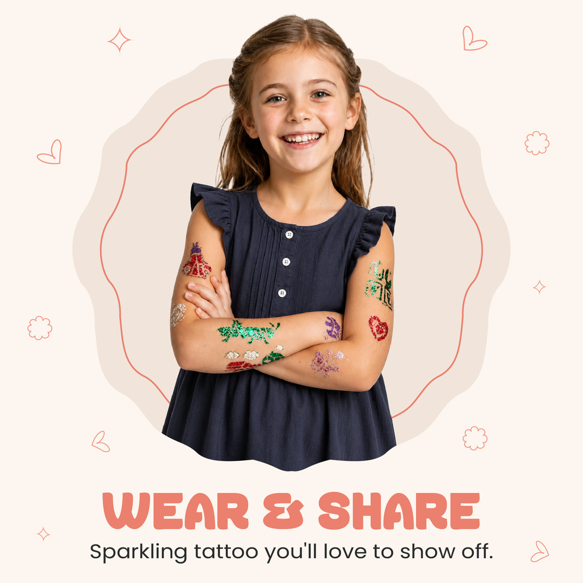 Funduro Children's Tattoo Pens with Glitter, 6 Colours and 6 Stencils, Set
