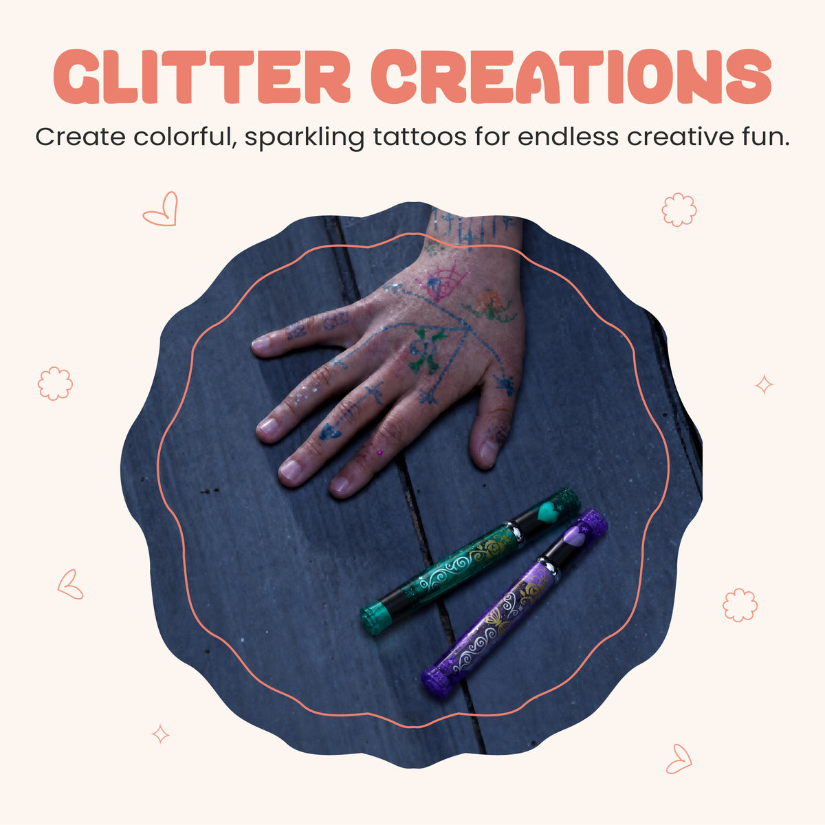 Funduro Children's Tattoo Pens with Glitter, 6 Colours and 6 Stencils, Set